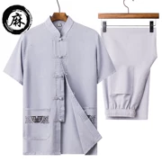 Tang phù hợp với nam trung niên và cao tuổi mùa hè thêu nóng miễn phí phù hợp với tay ngắn Hanfu trang phục giản dị trang phục cổ xưa - Trang phục dân tộc