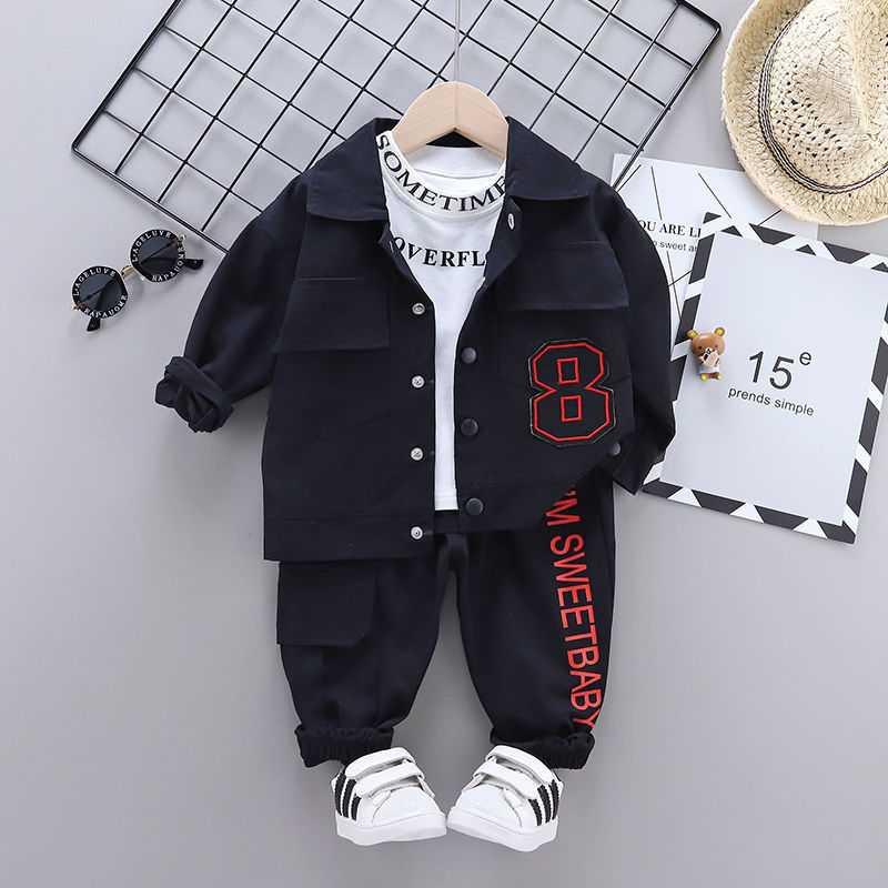 SJ Tooling 8 Black & 3-Piece Setbaby Autumn clothes Boy Spring and Autumn suit 2021 new pattern Foreign style Three piece set tide baby clothes handsome Children's wear