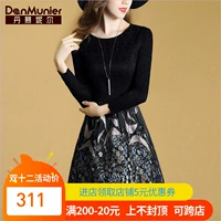 Dan Mu Nier 2018 mùa thu mới của phụ nữ đi lại đan jacquard khâu váy khí Một từ váy 8220 váy nhung đẹp