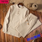 Mùa xuân và mùa hè người đàn ông trung niên của lanh dài tay T-Shirt phù hợp với phần mỏng trung và cũ tuổi cotton và linen quần hai mảnh cha