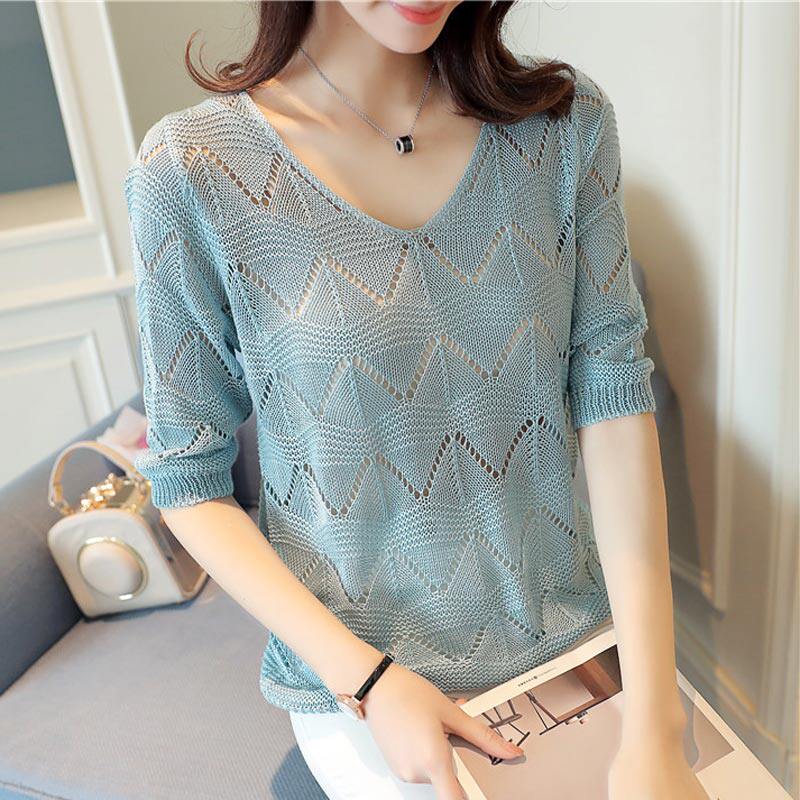 Ngắn openwork lưới áo mùa hè phần mỏng tay áo áo len đan áo lỏng hoang dã mùa hè điều hòa không khí áo triều