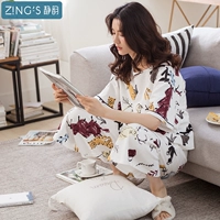 Jing Yun nữ đồ ngủ mùa hè lỏng đơn giản dịch vụ nhà cotton giản dị ngắn tay phù hợp với thời trang quần áo cotton nhà quan ao ngu cho nguoi cao tuoi