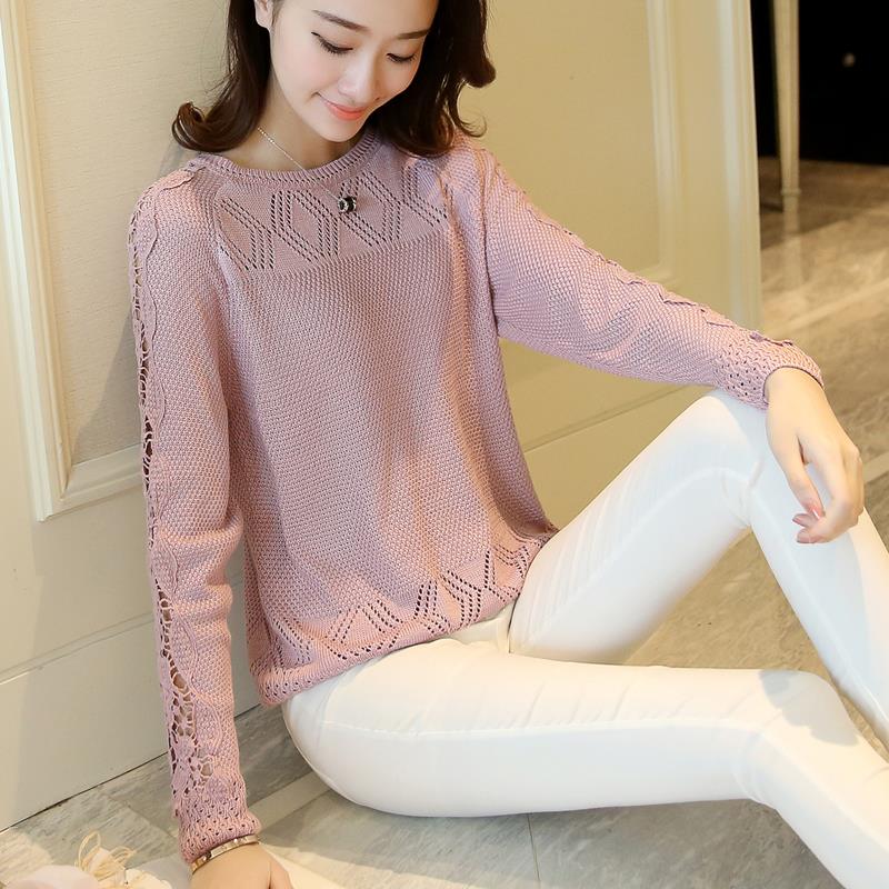 2018 mùa xuân mới vòng cổ ren móc hoa dài- tay openwork áo len phụ nữ áo len lỏng mỏng ngắn áo