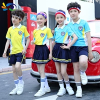Đồng phục học sinh tiểu học trò chơi thể thao màu xanh vàng ve áo ngắn tay quần short váy mùa hè mới tùy chỉnh in ấn quần áo học sinh