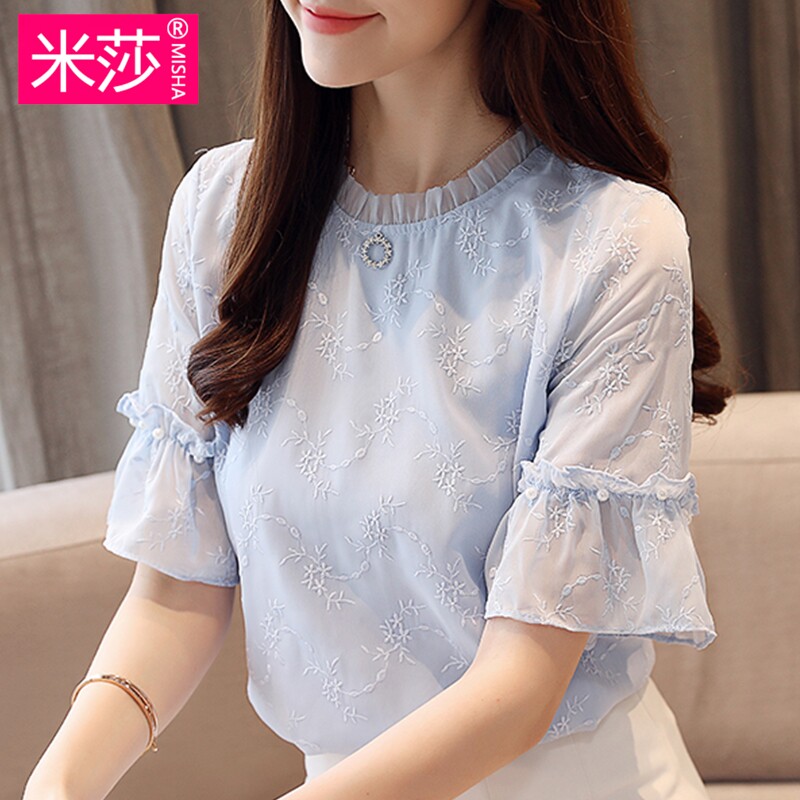 Voan áo sơ mi nữ ngắn tay mùa hè 2018 new loose bìa belly slim nửa tay áo siêu cổ tích tính khí thanh lịch ren áo sơ mi