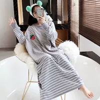 Áo ngủ nữ mùa thu dài tay áo ngủ sọc trái cây tăng lỏng học sinh dài phần cotton chất béo mm dịch vụ nhà áo len - Đêm đầm váy ấm áp cho mùa đông