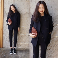 Mùa thu và mùa đông Thời trang Hàn Quốc len hoang dã đôi ngực ngắn áo khoác len lông màu xanh đen lỏng lẻo - Áo Hàn Quốc áo dạ dài nữ đẹp