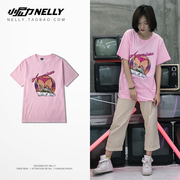 Mùa hè thư in hip hop ngắn tay T-Shirt TT với đoạn graffiti lỏng ngắn tay vài mô hình hồng t-shirt