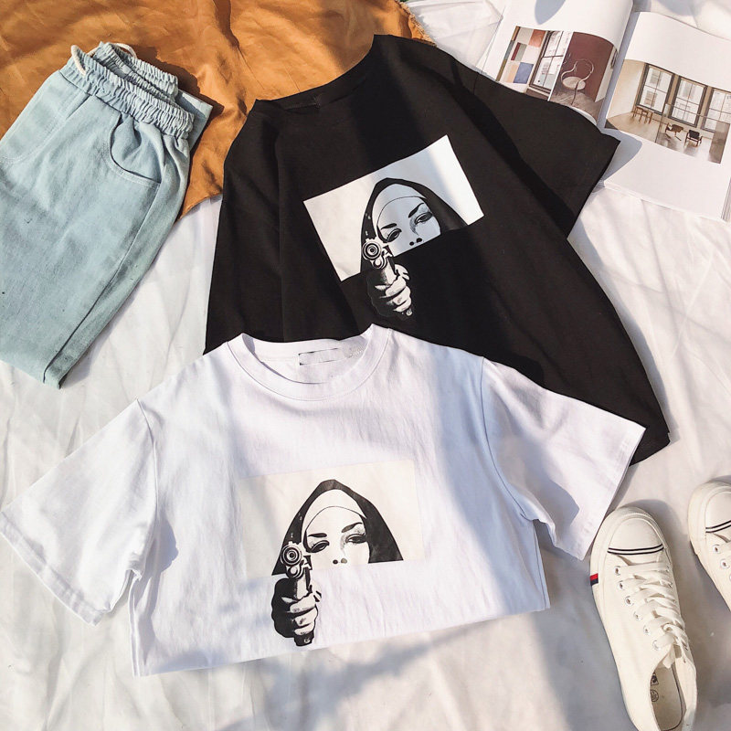 夏 新款 黑寡妇人物头像印花短t 韩版情侣潮流百搭纯色短袖t恤