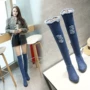 Khởi động trẻ em mùa xuân 2018 new denim trên khởi động đầu gối skinny chân stretch boots dày với giữa với khởi động dài giày đơn phụ nữ giày boot