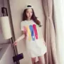 Mùa hè in trắng đen Hàn Quốc phụ nữ mới phong cách ăn mặc lỏng vòng cổ kích thước lớn ngắn tay áo Một từ váy thủy triều mẫu đầm chữ a