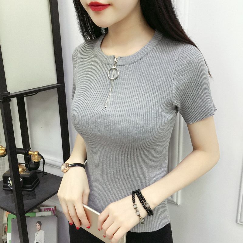 2018 mùa hè mới màu rắn vòng cổ ngắn tay áo slinky đáy áo sơ mi vòng dây kéo dệt kim nửa tay áo len