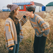 2018 Hàn Quốc phiên bản của các cặp vợ chồng của áo len mùa xuân retro stripes loose gió quốc gia vài áo len cardigan coat