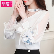 芈 陌 2018 mùa thu mới của Hàn Quốc phụ nữ ren khâu lưới thêu đèn lồng tay áo dài tay áo voan áo sơ mi đáy áo