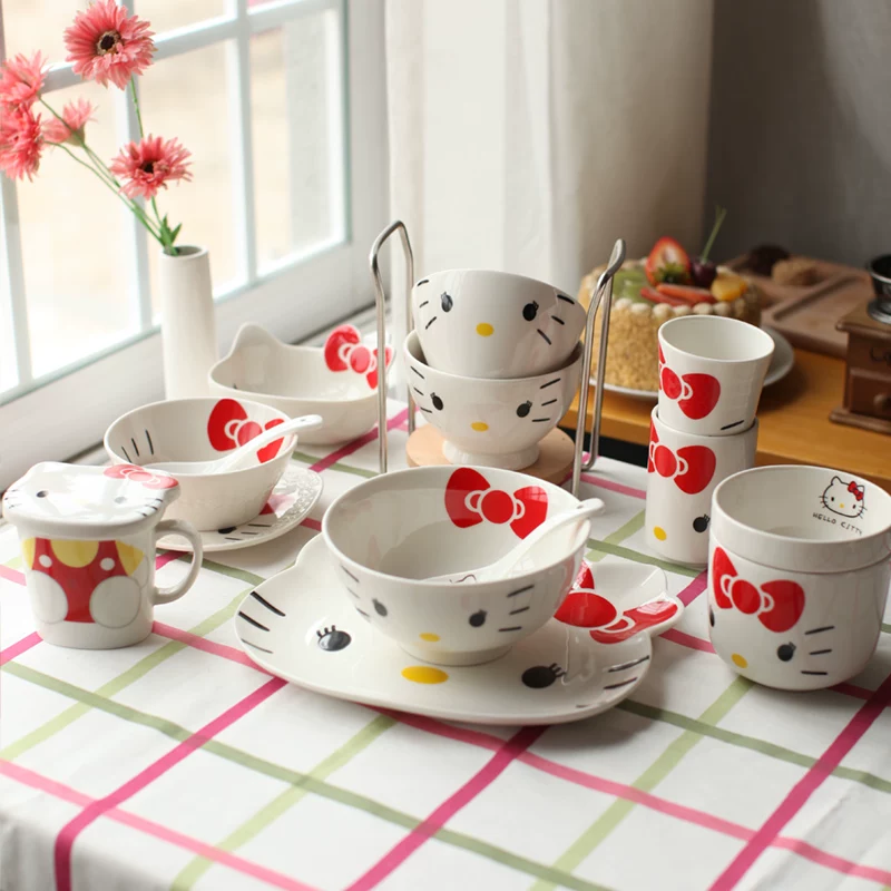 Hello kitty, японская креативная мультяшная посуда, керамический набор, миска для супа со стеклом