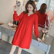 Bà bầu mùa thu đông 2018 áo thun mới dệt kim áo len đỏ rộng trong phần dài của bà bầu đan váy phụ nữ