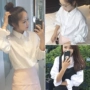 2017 mùa hè mới sinh viên Hàn Quốc phiên bản của lỏng mỏng đứng cổ áo hoang dã bong bóng tay áo cardigan dài tay áo sơ mi nữ sơ mi tay phồng