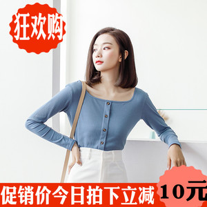 Mùa thu mới của Hàn Quốc phiên bản của đơn ngực vuông cổ áo sương xương mỏng dài tay T-Shirt hoang dã knit shirt top áo sơ mi