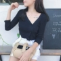 Hàn quốc phiên bản của mùa hè của phụ nữ retro sinh viên chic gió cá tính xiên cổ áo áo len đơn ngực điều hòa không khí áo sơ mi áo khoác cardigan áo khoác len cardigan nữ