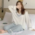 Phiên bản Hàn Quốc của phụ nữ đồ ngủ mùa xuân và mùa thu mỏng phần dài tay cotton lỏng lẻo dịch vụ nhà hai mảnh phù hợp với mùa hè thu đông và cổ chữ V hạnh phúc - Bộ Pajama