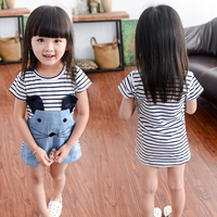 2018 mùa xuân trẻ em phim hoạt hình Hàn Quốc cotton ngắn tay ăn mặc vừa và nhỏ cô gái mặc Hàn Quốc phiên bản của mosaic sọc váy đầm cho bé