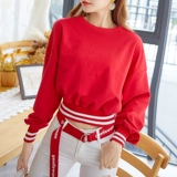 Красная мини-юбка, демисезонная толстовка, утепленные нарукавники, шарф, топ, в корейском стиле, длинный рукав, V-образный вырез, высокая талия