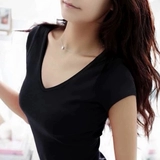 Летняя футболка с коротким рукавом, белый хлопковый лонгслив, большой размер, V-образный вырез, в корейском стиле