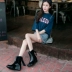 Phiên bản Hàn Quốc của giày ống mưa nữ giày nước dành cho người lớn màu đen thời trang nêm có đai chống nước giày cao su giày đế giày chống trượt ủng cao su Rainshoes