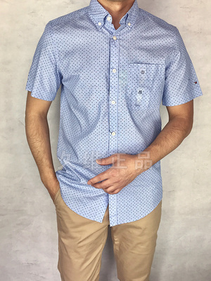 Jiuwei xác thực toàn cầu mua Tommy Hilfiger mùa hè mới phiên bản mỏng của bông thoải mái áo sơ mi ngắn tay sơ mi trắng tay ngắn Áo