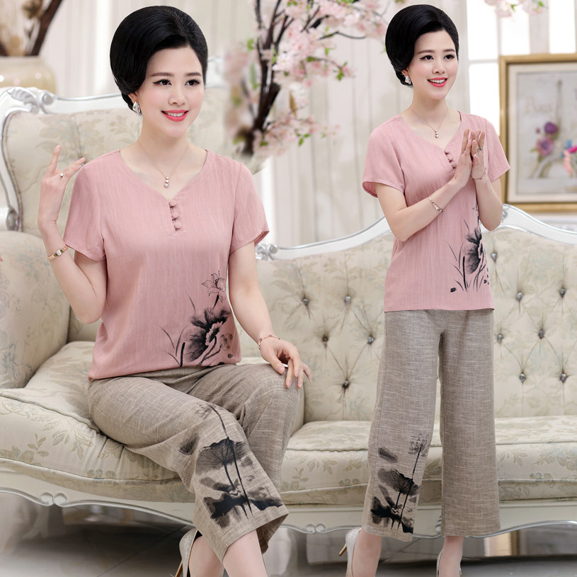 Phụ nữ trung niên bông lụa ngắn tay áo thun nửa chiều dài quần hai mảnh phù hợp với mùa hè mẹ mặc bông và bộ vải lanh quần áo