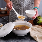 Bát súp trắng tinh khiết có nắp nồi súp tròn nồi gốm Bộ đồ ăn sáng tạo hộ gia đình lớn bát sâu bát - Đồ ăn tối