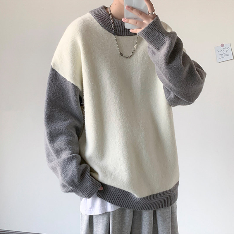 Loose couple's wear Korean sweater men's Pullover over over top fashion color matching T-shirt thickened in autumn and winter