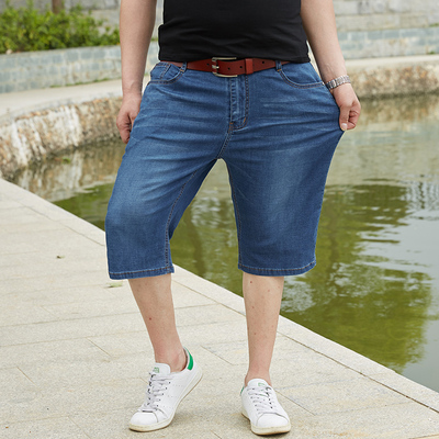 Mùa hè phần mỏng kích thước lớn stretch quần short denim nam cộng với phân bón XL cao eo lỏng thẳng chất béo fat man Cực lớn