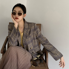 Блэйзер k姐自制【格纹西服】色织格纹双排扣时尚西装领大口袋休闲外套女