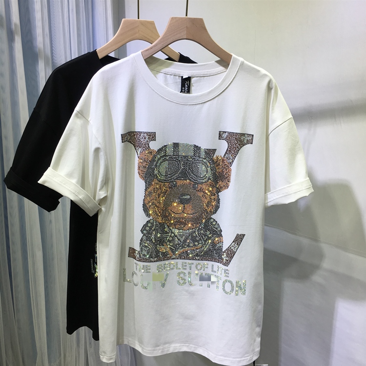 WhiteEuropean goods heavy industry Hot drilling Bear T-shirt jacket 2021 Spring and summer new pattern easy leisure time men and women Same INS tide Small shirt