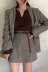 Hàn quốc chic mùa thu cổ điển kiểm tra lỏng dài tay blazer + cao eo váy nữ phù hợp với hai mảnh phù hợp với áo kiểu nữ Bộ đồ