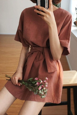 Hàn quốc chic mùa hè mới retro lãng mạn đơn giản hoang dã cao dây đai thắt lưng mỏng ngắn tay đầm nữ thoi trang nu Sản phẩm HOT
