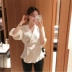 Hàn Quốc chic mùa xuân mới retro khí V-Neck nút bên trang trí eo dài tay áo blouse Áo sơ mi dài tay
