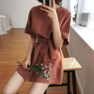 Hàn quốc chic mùa hè mới retro lãng mạn đơn giản hoang dã cao dây đai thắt lưng mỏng ngắn tay đầm nữ thoi trang nu