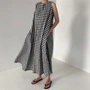 Hàn quốc ins popular retro đơn giản loose đu lớn một từ váy không tay dài kẻ sọc dress nữ đầm xòe tuổi trung niên