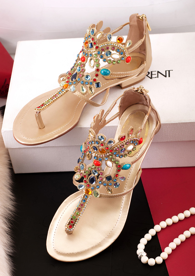 Women's Flat Thong Sandals Bling Bohemia Rhinestone Gladiator Strappy ...