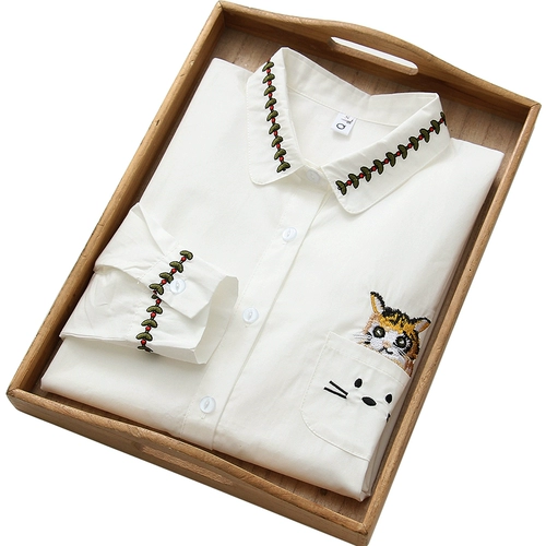 Хлопковая осенняя рубашка, японская свежая вышивка для школьников, лонгслив, 2020, с вышивкой