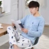 Bộ đồ ngủ nam cotton dài tay mùa xuân và mùa thu xanh trung niên phiên bản trung quốc Hàn Quốc Dịch vụ 100% cotton có thể mặc bên ngoài bộ đồ mùa đông - Bộ Pajama thời trang trung niên Bộ Pajama