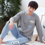 Bộ đồ ngủ nam cotton dài tay mùa xuân và mùa thu xanh trung niên phiên bản trung quốc Hàn Quốc Dịch vụ 100% cotton có thể mặc bên ngoài bộ đồ mùa đông - Bộ Pajama