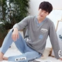 Bộ đồ ngủ nam cotton dài tay mùa xuân và mùa thu xanh trung niên phiên bản trung quốc Hàn Quốc Dịch vụ 100% cotton có thể mặc bên ngoài bộ đồ mùa đông - Bộ Pajama thời trang trung niên