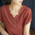 Tai nhỏ sản xuất vải lanh Áo thun nữ mùa hè mới ngắn tay ngắn retro áo sơ mi văn học màu rắn nữ G - Áo phông