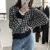 Áo khoác cardigan Áo len dệt kim nữ mùa xuân Kiểu hàn lười ngắn kẻ sọc ngắn tay dài Áo len cổ chữ V - Vòng cổ áo len