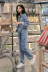 Izs denim jumpsuit của phụ nữ jumpsuit dài tay áo eo ánh sáng màu xanh lỏng bf gió dụng cụ mảnh jeans triều quần áo nữ đẹp Quần jean