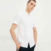 JackJones Jack Jones breathable linen màu rắn mùa xuân và mùa hè của nam giới ve áo ngắn tay áo sơ mi quần áo E | 217204520