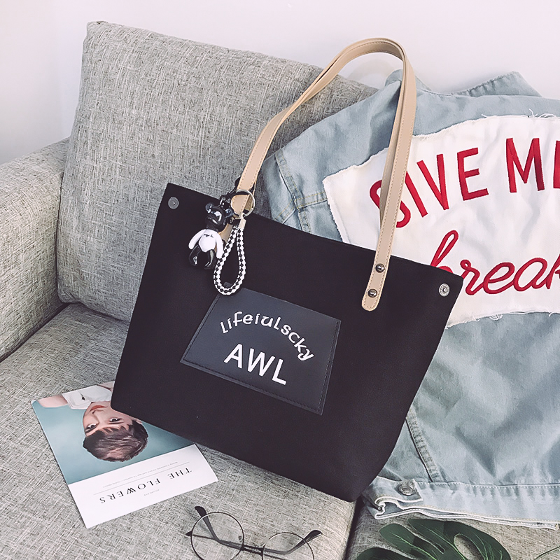 Black [Bear With Violence]chic canvas Big bag female 2020 new pattern tide Korean version Versatile high-capacity college student attend class;class begins One shoulder handbag